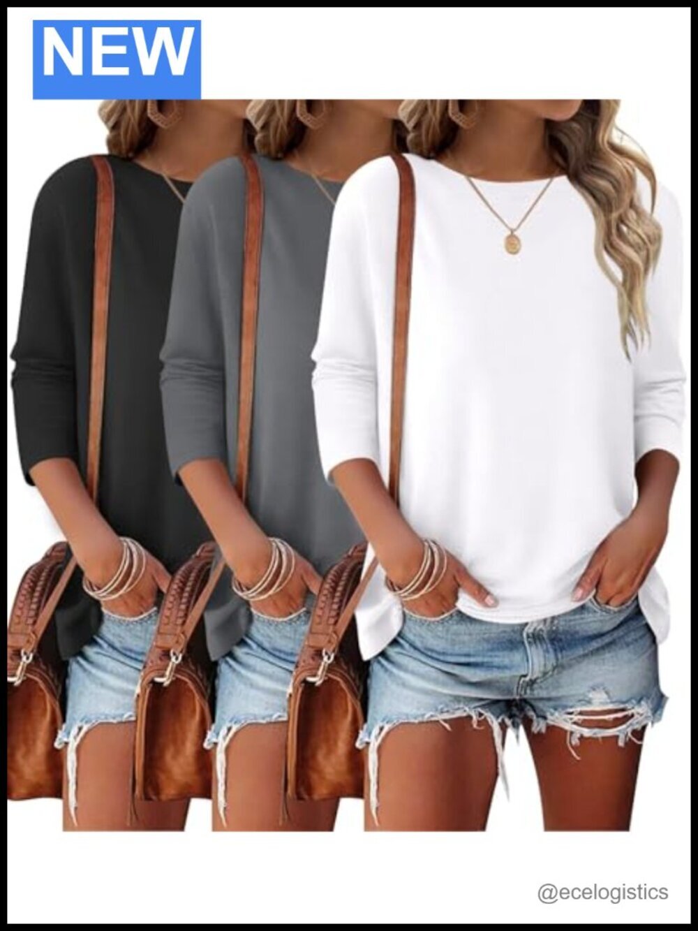 3 Pack 3/4 Sleeve Womens Tops Crewneck T Shirts Basic Casual Tees Loose Fit